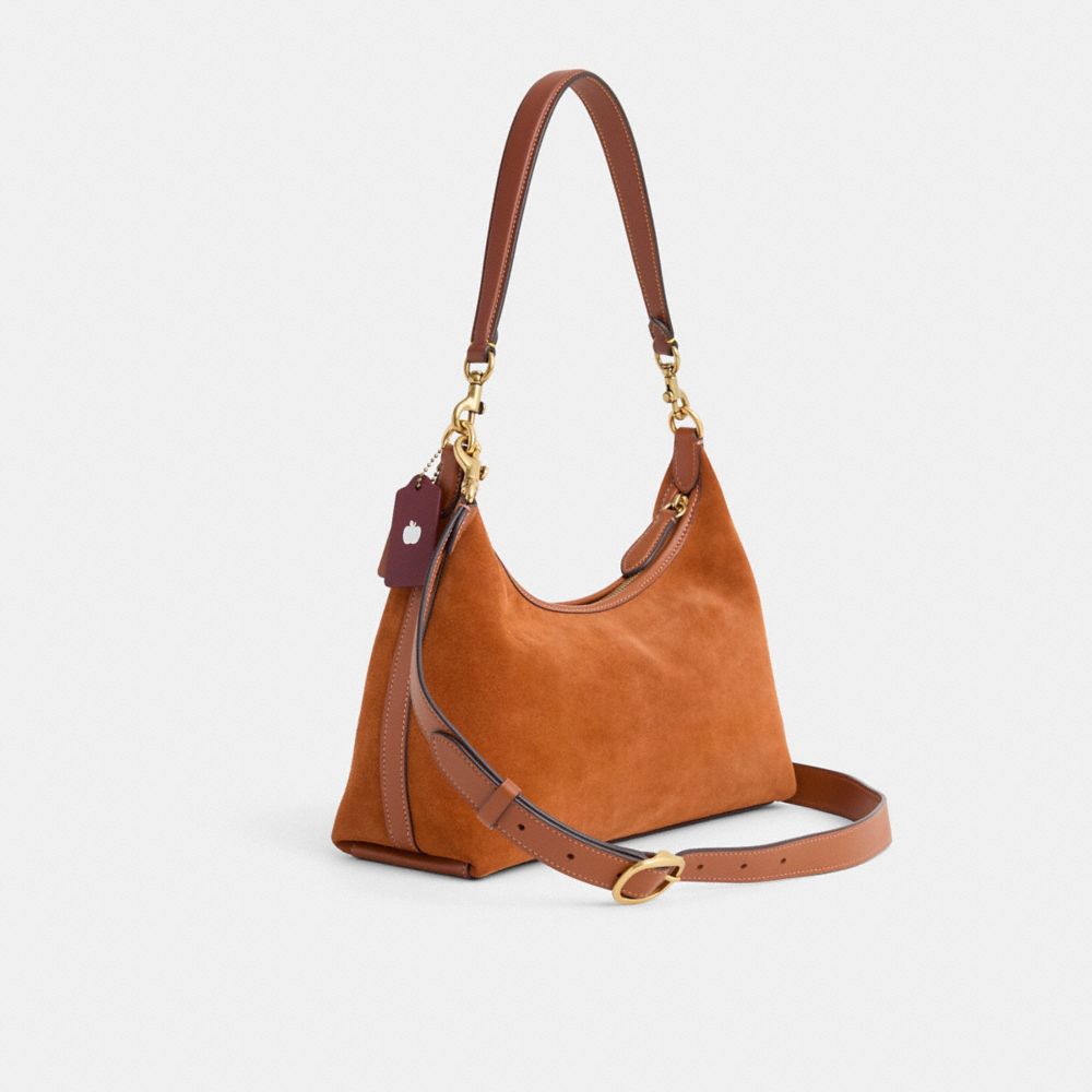 COACH®,Upcrafted Juliet Shoulder Bag,Suede,Shoulder Bag,Studded,Metal,Logo,Vegan,Mixed Metal,Day Party,Brown,Angle View