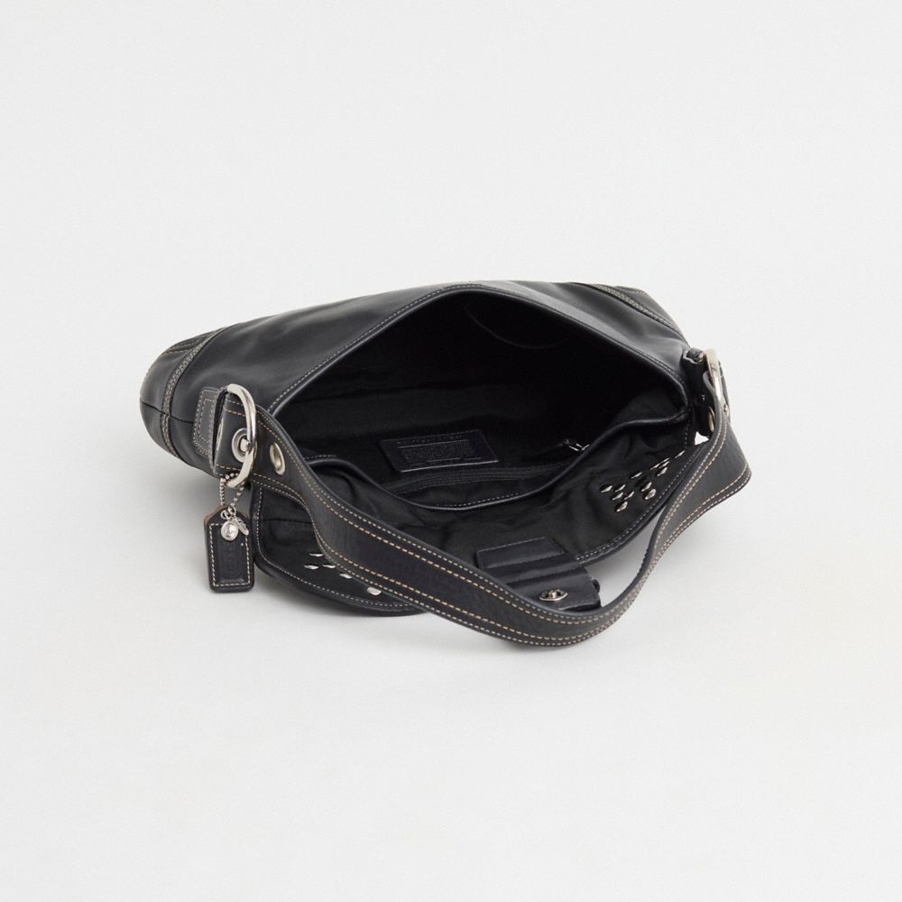 COACH®,Upcrafted Soho Flap Bag,Leather,Shoulder Bag,Logo,Stitching,Rhinestones,Studded,Silver Metal,Casual,Black,Inside View,Top View