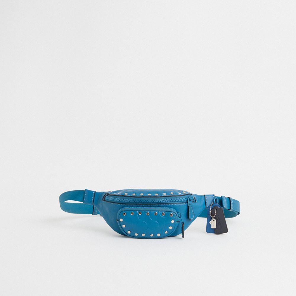 COACH®,Upcrafted Sprint Belt Bag 24 In Signature Leather,Calfskin Leather,Leather,Belt Bag,Embellished,Studded,Silver Meta...,Blue,Front View