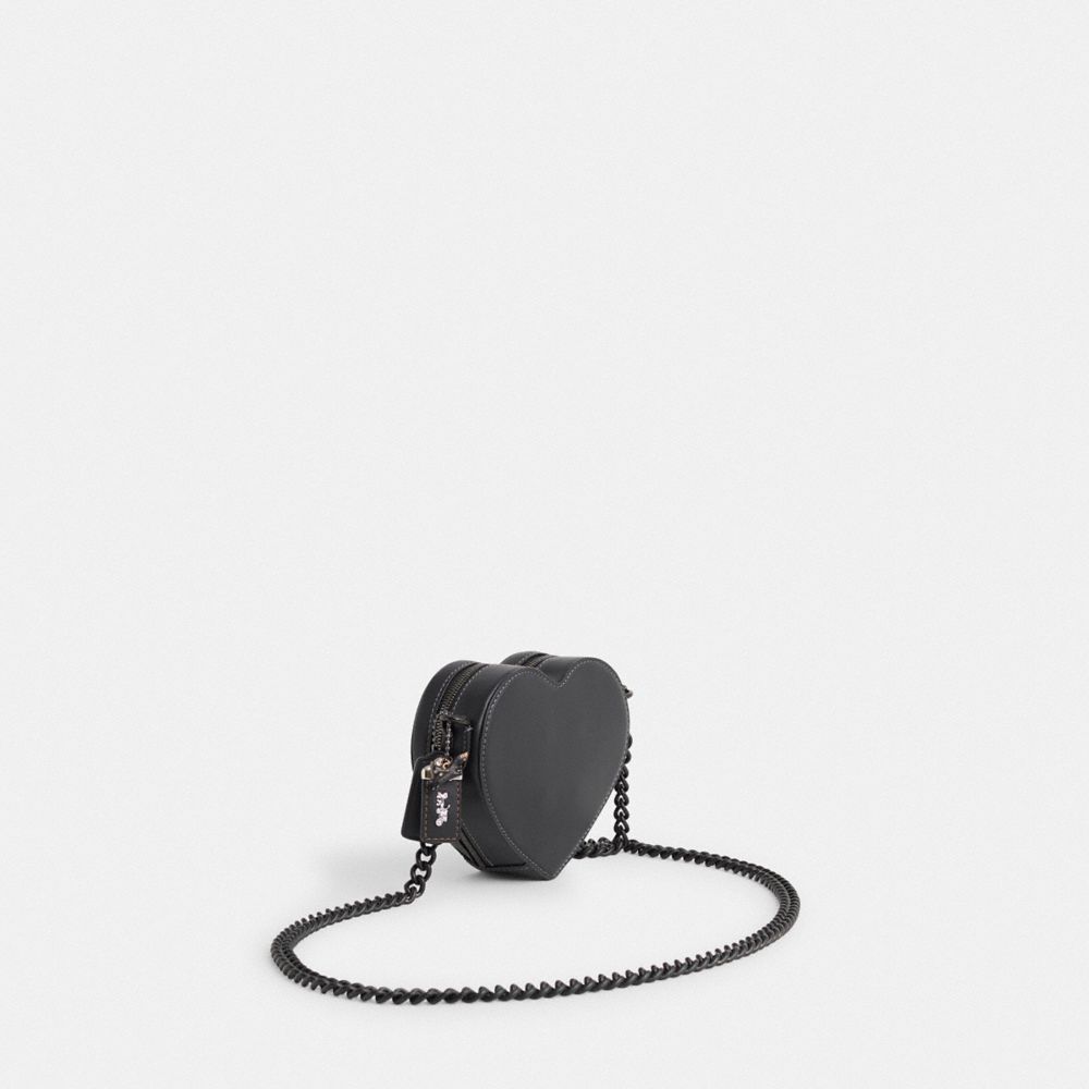 COACH®,Upcrafted Heart Crossbody Bag 14,Leather,Crossbody,Metal,Studded,Logo,Sustainable,Gunmetal,Day Party,Black,Angle View