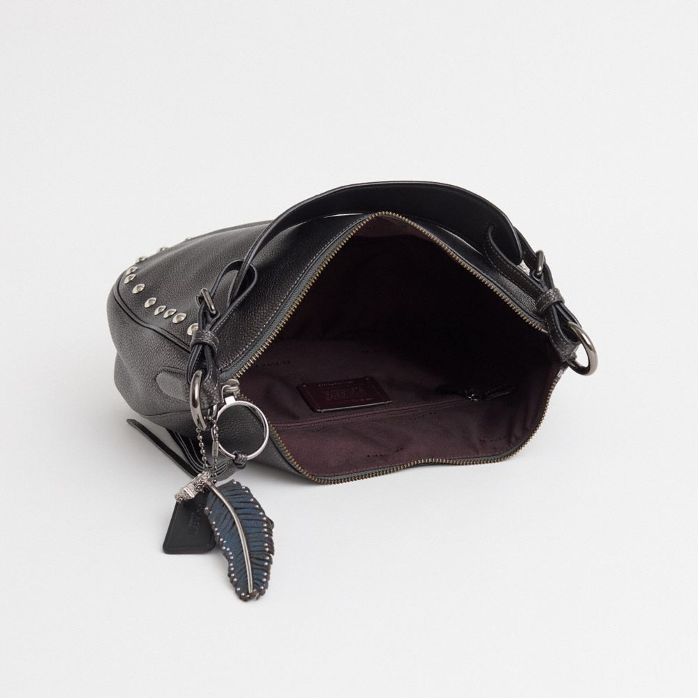 COACH®,Upcrafted Sutton Hobo,Leather,Hobo,Studded,Metal,Adjustable,Vegan,Gunmetal,Casual,Black,Inside View,Top View