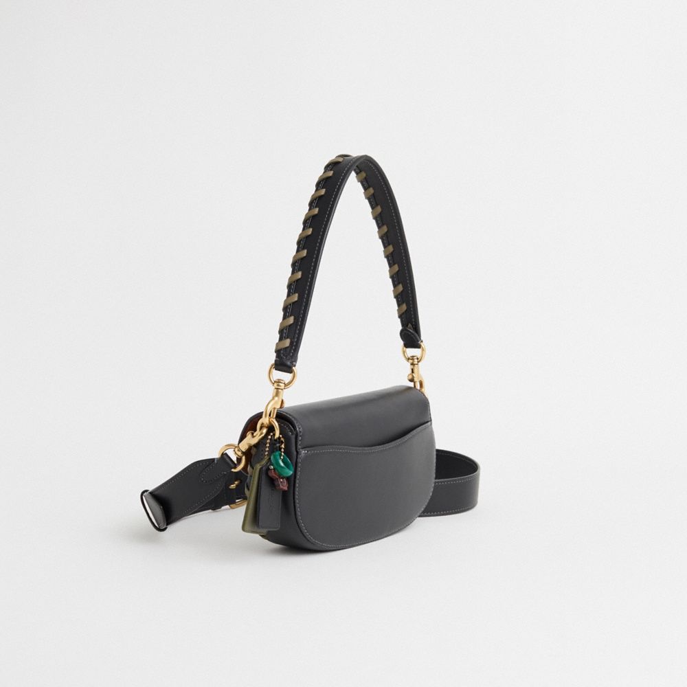 COACH®,Upcrafted Harley Shoulder Bag 23,Leather,Saddle Bag,Metal,Whipstitch,Logo,Compact,Sustainable,Vegan,Brass,Day Party,Black,Angle View