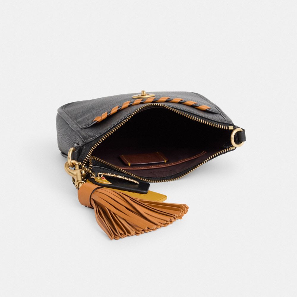 COACH®,Upcrafted Chaise Crossbody 19,Leather,Crossbody,Whipstitch,Tassel,Logo,Compact,Sustainable,Brass,Casual,Black,Inside View,Top View