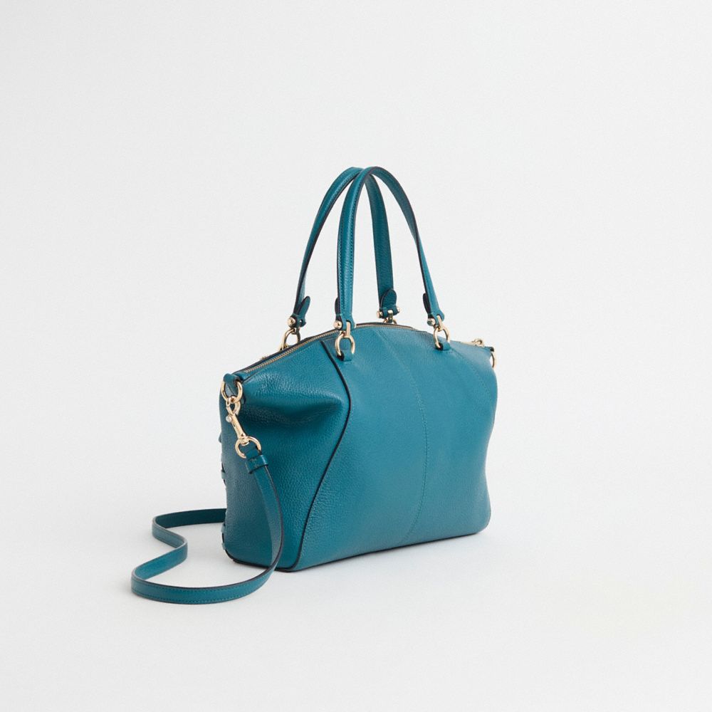 COACH®,Upcrafted Prairie Satchel,Leather,Satchel,Metal,Studded,Whipstitch,Gold Metal,Casual,Teal,Angle View