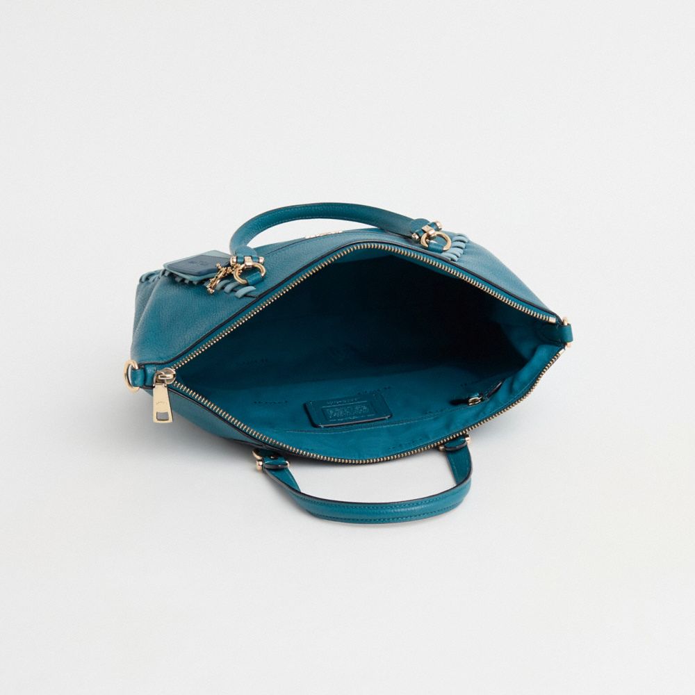 COACH®,Upcrafted Prairie Satchel,Leather,Satchel,Metal,Studded,Whipstitch,Gold Metal,Casual,Teal,Inside View,Top View
