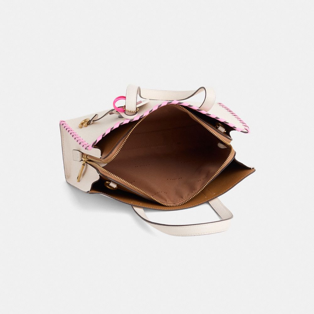 COACH®,Upcrafted Carter Carryall Bag 28,Leather,Crossbody,Whipstitch,Brass,Day Party,Cream,Inside View,Top View