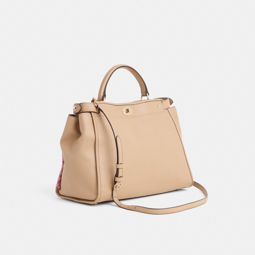 COACH®,Upcrafted Gramercy Satchel In Leather,Leather,Satchel,Metal,Whipstitch,Logo,Gold Metal,Day Party,Beige,Angle View