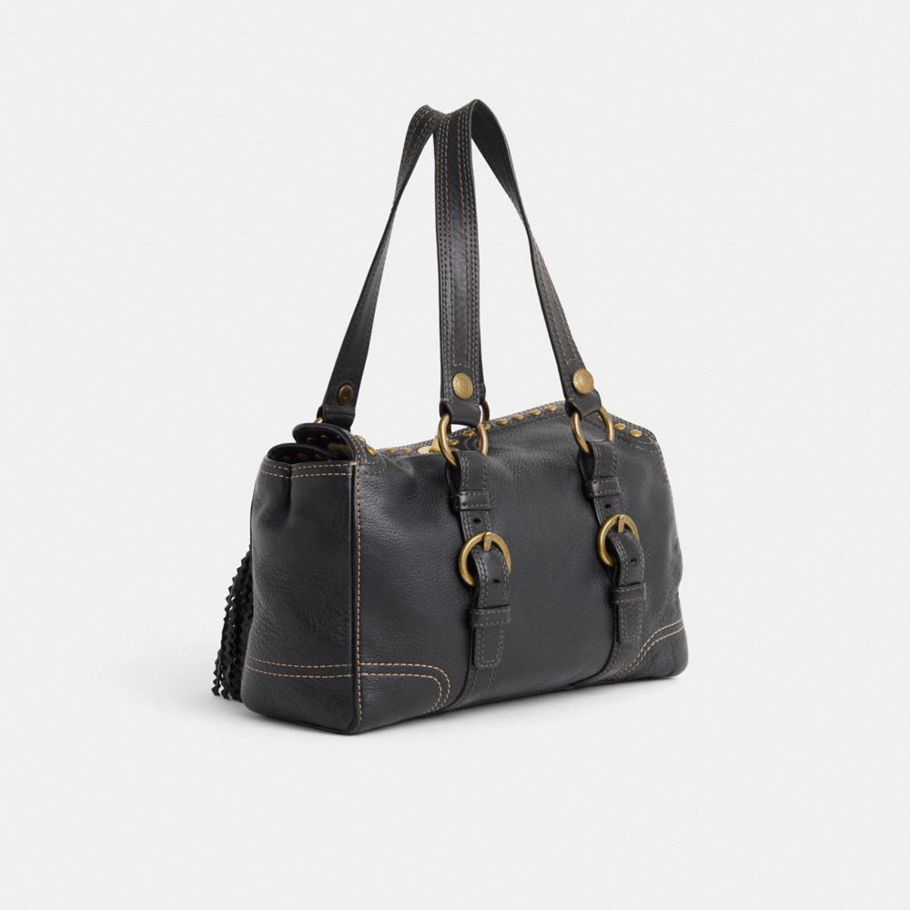 COACH®,Upcrafted Chelsea Satchel,Leather,Shoulder Bag,Embellished,Tassel,Stitching,Studded,Brass,Casual,Black,Angle View