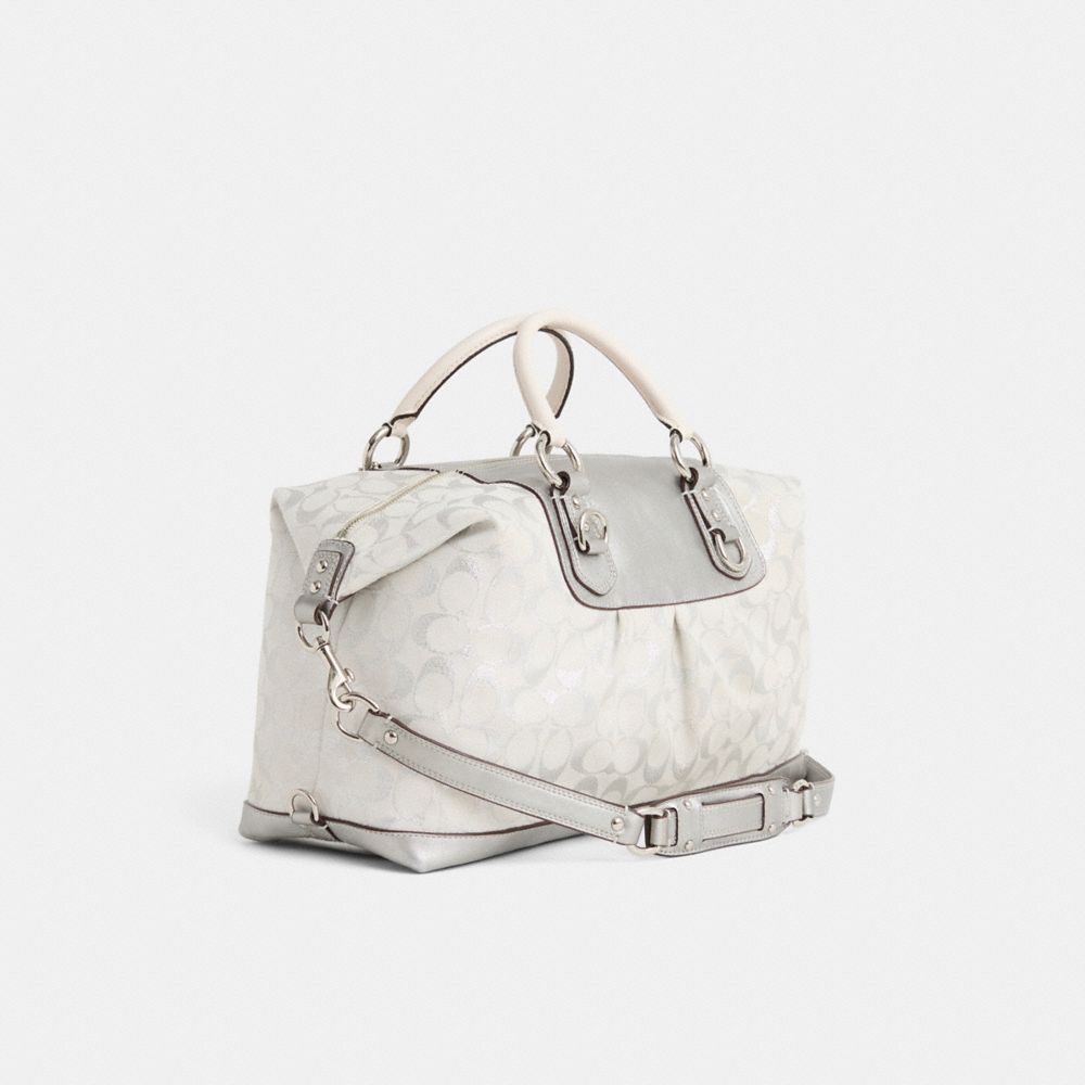 COACH®,Upcrafted Large Ashley Satchel In Metallic Signature,Lurex,Leather,Satchel,Stripe,Silver Metal,Day Party,Work,Gray,Angle View