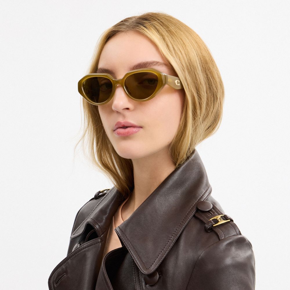 COACH®,C Hardware Geometric Sunglasses,Cat Eye,Plastic,Metal,Integrated Nose Pads,Gold Metal,Casual,Brown,Detail View