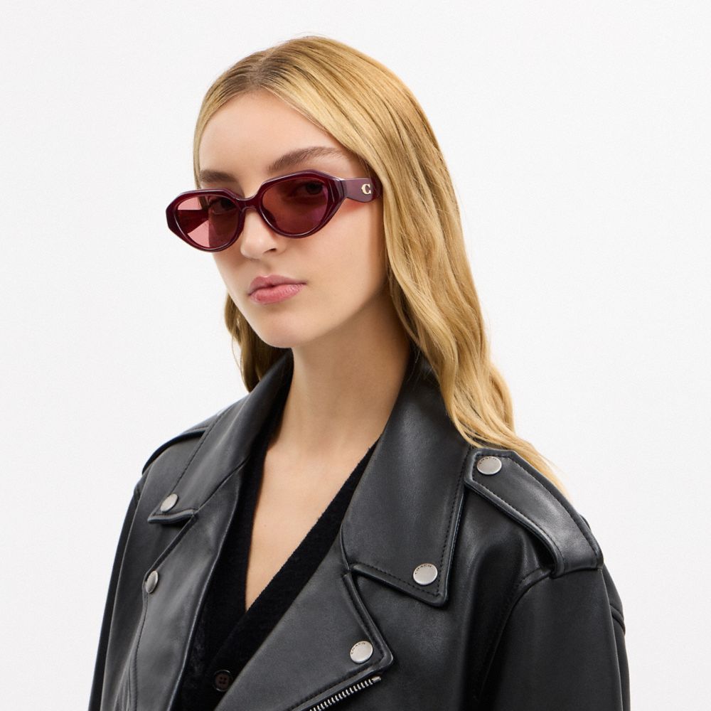 COACH®,C Hardware Geometric Sunglasses,Cat Eye,Plastic,Metal,Integrated Nose Pads,Gold Metal,Casual,Multi Color,Detail View