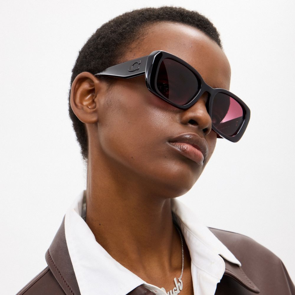 COACH®,Maxi Sculpted C Oversized Rectangle Sunglasses,Rectangle,Acetate,Metal,Logo,Integrated Nose Pads,Gold Metal,Casual,Purple,Detail View