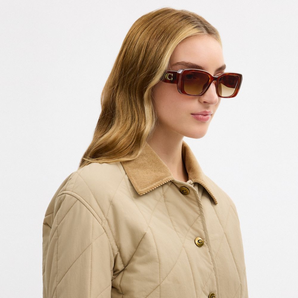 COACH®,Maxi Sculpted C Oversized Rectangle Sunglasses,Rectangle,Acetate,Metal,Logo,Integrated Nose Pads,Gold Metal,Casual,Brown,Detail View