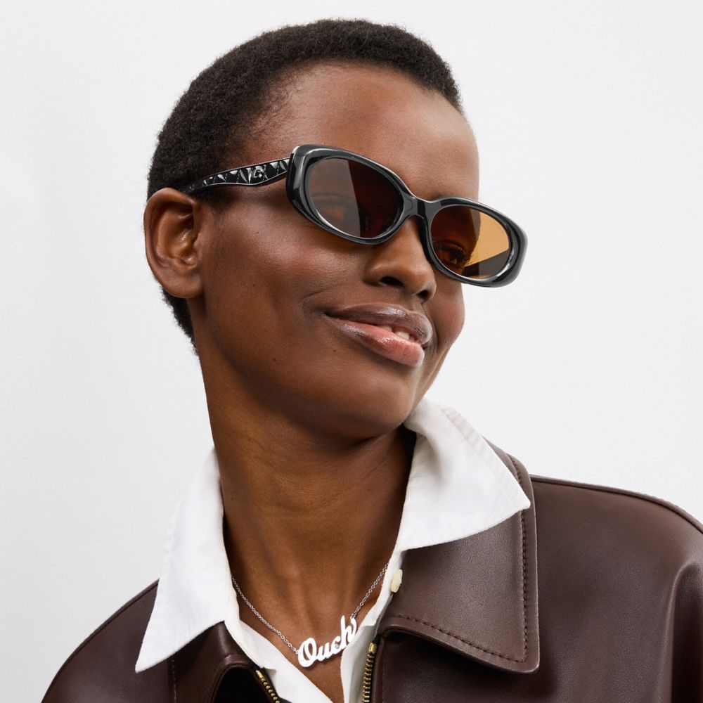 COACH®,Quilted Oval Rectangle Sunglasses,Rectangle,Oval Frame,Plastic,Metal,Quilted,Pattern,Integrated Nose Pads,Gold Meta...,Brown,Detail View