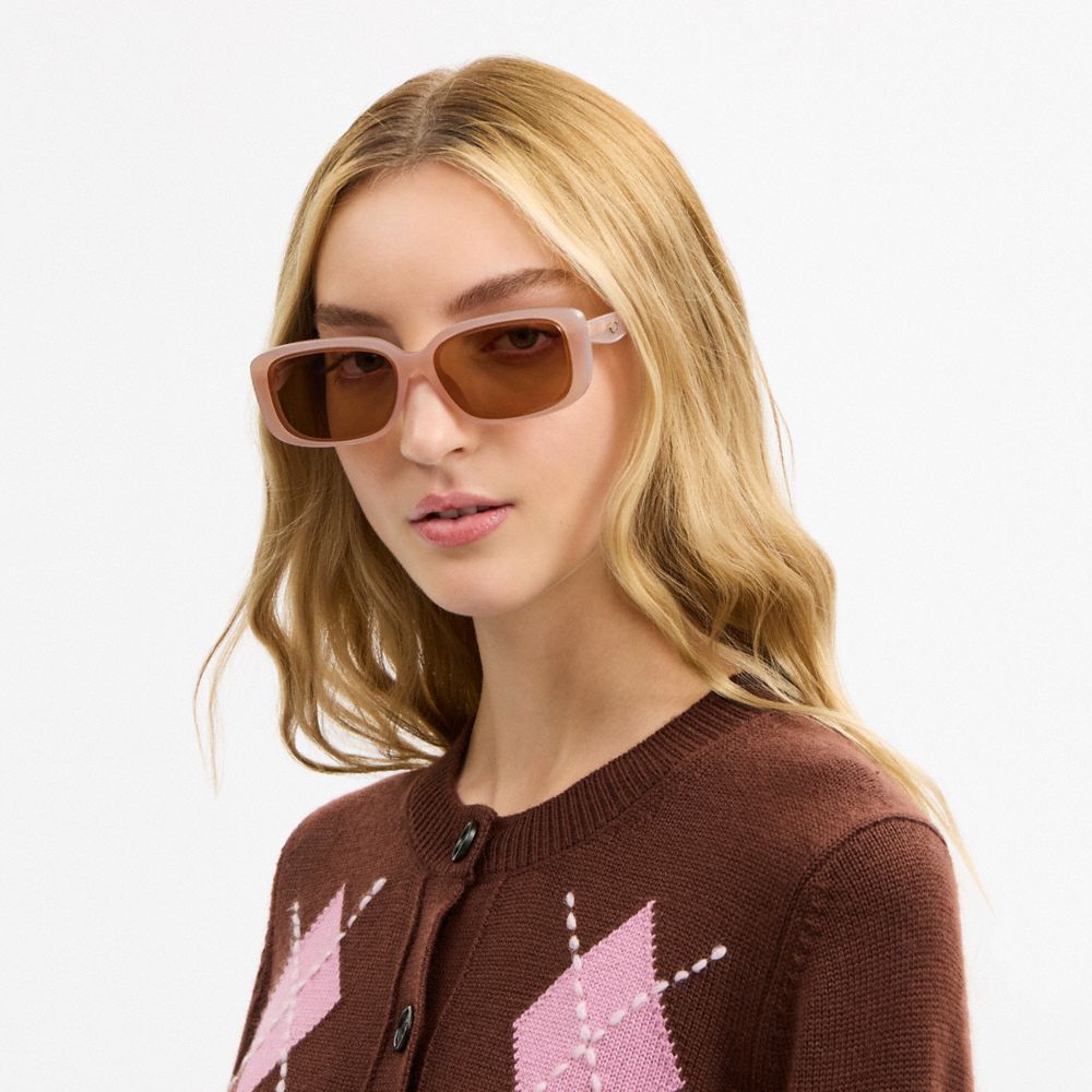 COACH®,Quilted Rectangle Sunglasses,Square,Plastic,Metal,Quilted,Integrated Nose Pads,Gold Metal,Casual,Brown,Detail View