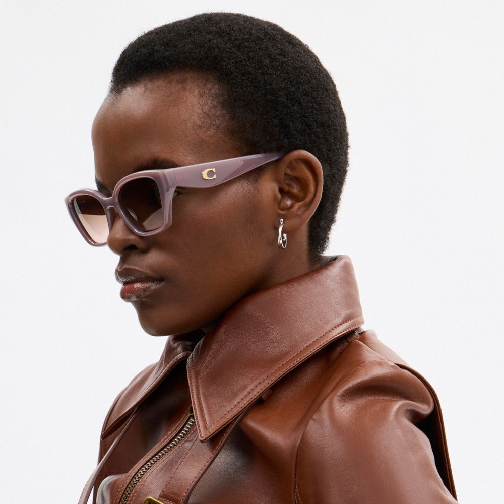 COACH®,C Hardware Square Cat Eye Sunglasses,Cat Eye,Acetate,Plastic,3D Embellishment,Metal,Integrated Nose Pads,Gold Metal...,Brown,Detail View