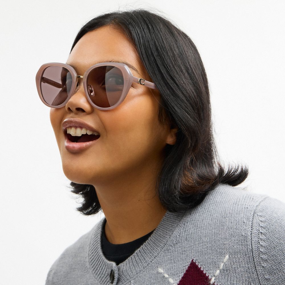 COACH®,Maxi Sculpted C Oversized Round Sunglasses,Round,Plastic,Metal,Adjustable Nose Pads,Integrated Nose Pads,Gold Metal...,Brown,Detail View