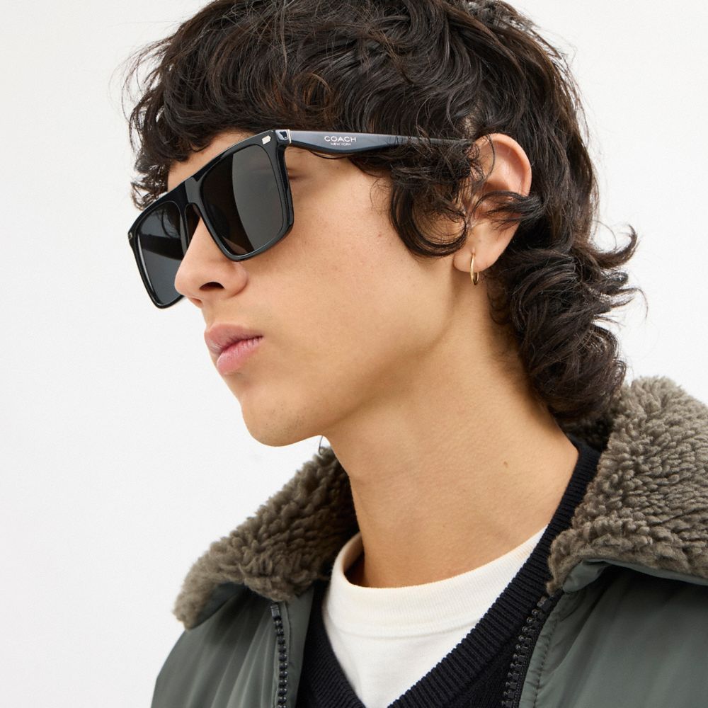 COACH®,Flat Top Square Sunglasses,Square,Plastic,Metal,Casual,Black,Detail View