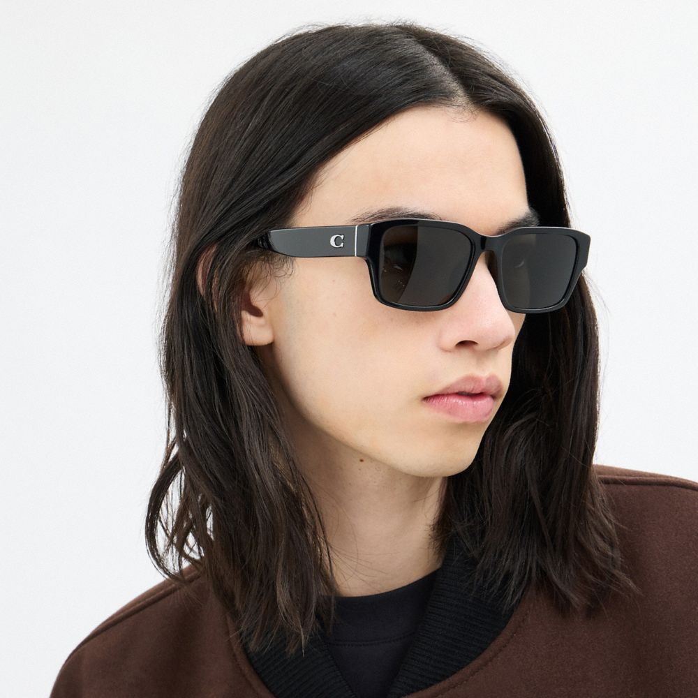 COACH®,Maxi Sculpted C Narrow Square Sunglasses,Square,Plastic,Metal,Logo,Embossed,Graphic,Silver Metal,Casual,Black,Detail View
