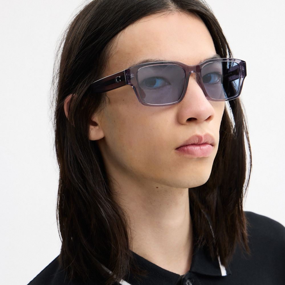 COACH®,Maxi Sculpted C Narrow Square Sunglasses,Square,Plastic,Metal,Logo,Embossed,Graphic,Silver Metal,Casual,Gray,Detail View