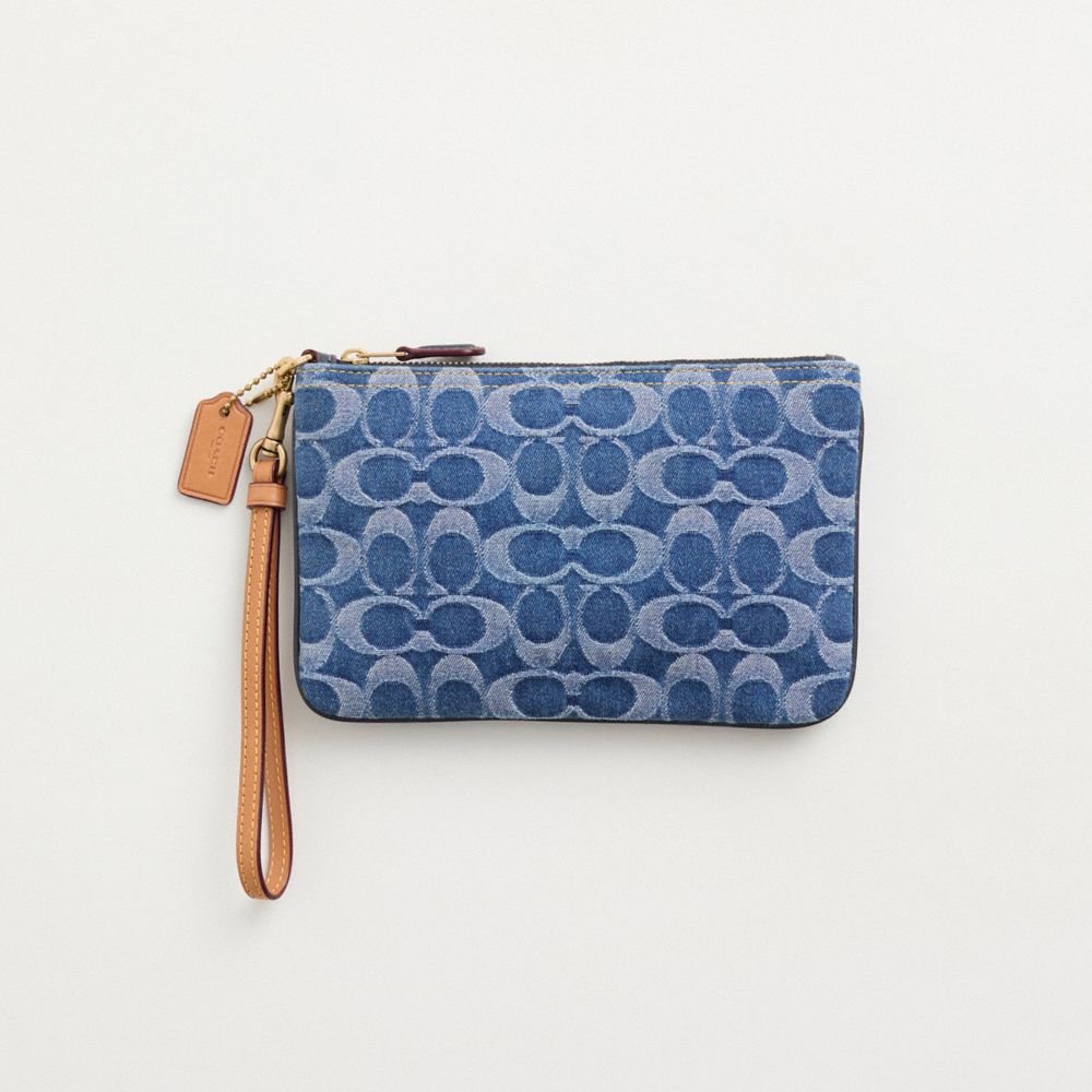 Coach Restored Small Wristlet In Signature Denim In Brass/midnight Navy Multi