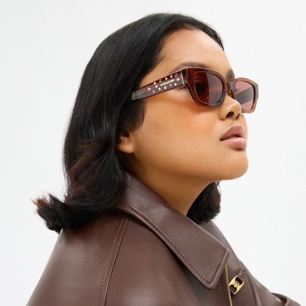 COACH®,Charms Narrow Rectangle Sunglasses,Rectangle,Plastic,Metal,Integrated Nose Pads,Casual,Brown,Detail View