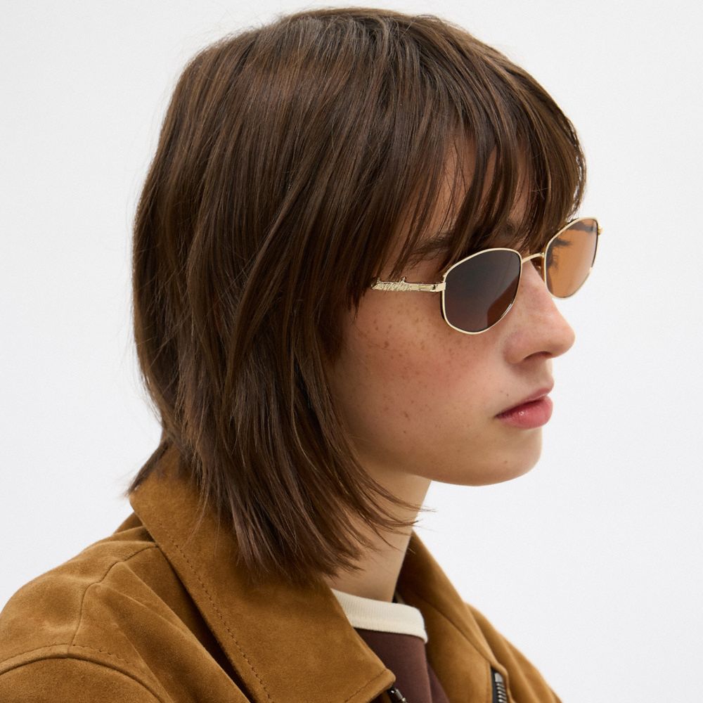 COACH®,Coach Script Metal Narrow Rectangle Sunglasses,Rectangle,Metal Material,Graphic,Metal,Integrated Nose Pads,Casual,Brown,Detail View