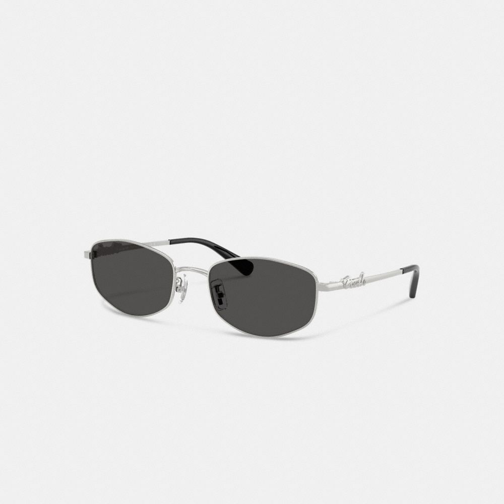 COACH®,Occhiali da Sole Coach Script in Metallo a Rettangolo Stretto,Argento lucido,Front View