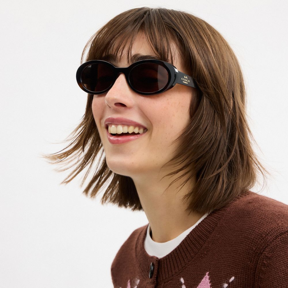 COACH®,Narrow Oval Sunglasses,Oval Frame,Acetate,Plastic,Metal,Integrated Nose Pads,Casual,Brown,Detail View