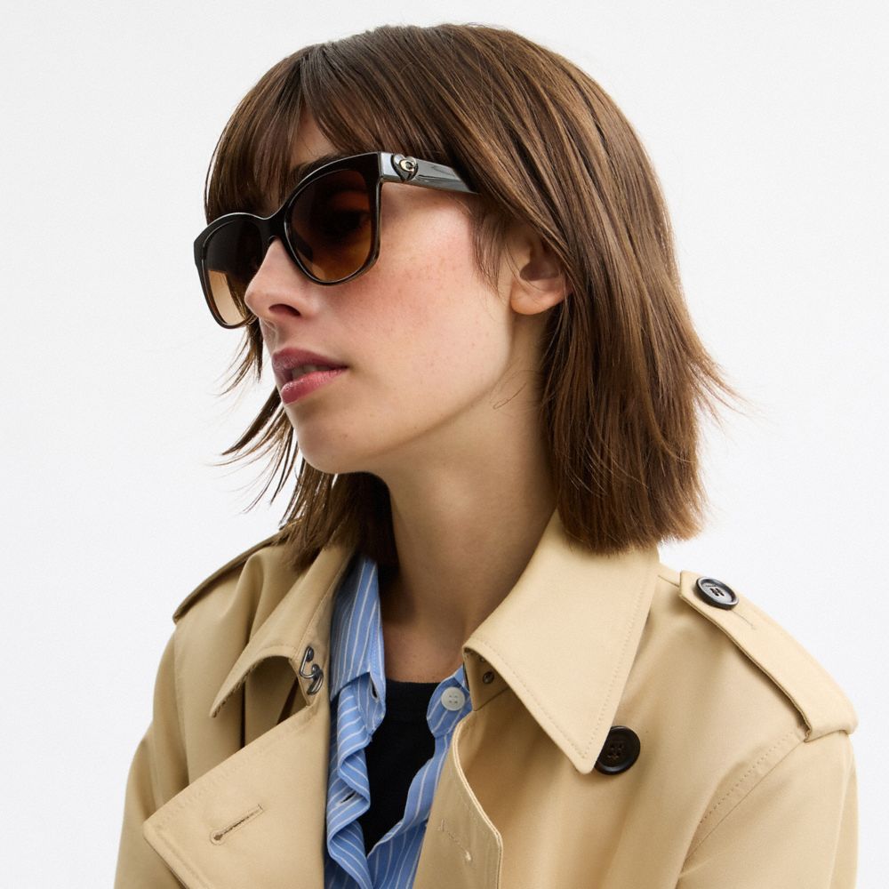 COACH®,Signature Heart Oversized Square Sunglasses,Wayfarer,Plastic,Logo,Metal,Integrated Nose Pads,Gold Metal,Casual,Brown,Detail View