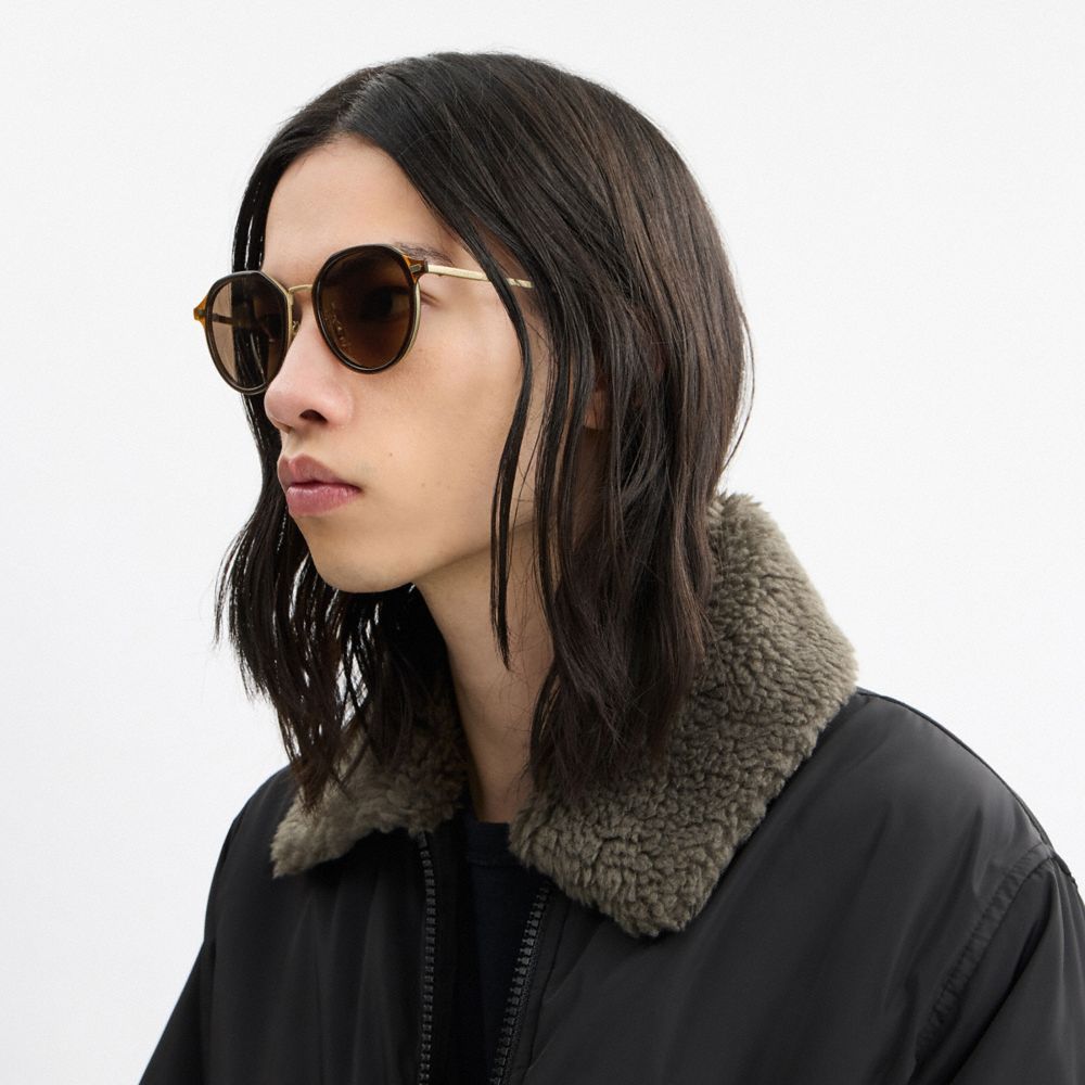 COACH®,Textured Metal Round Sunglasses,Round,Metal,Casual,Brown,Detail View