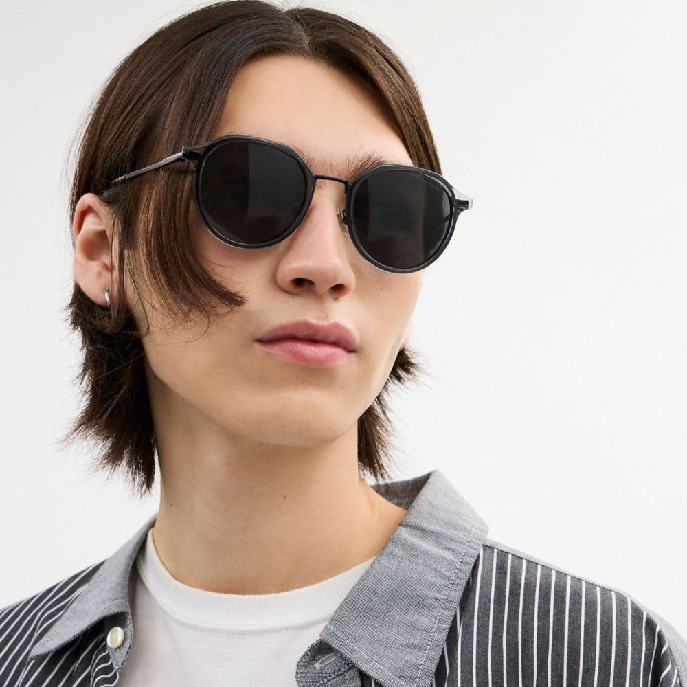 COACH®,Textured Metal Round Sunglasses,Round,Metal,Casual,Black,Detail View