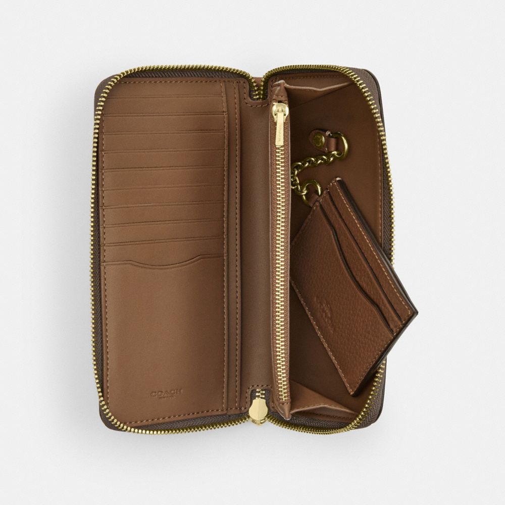 COACH®,Long Zip Around Wallet With Detachable Card Case,Leather,Card Case,Wristlet,Continental,Metal,Logo,Casual,Brown,Interior View
