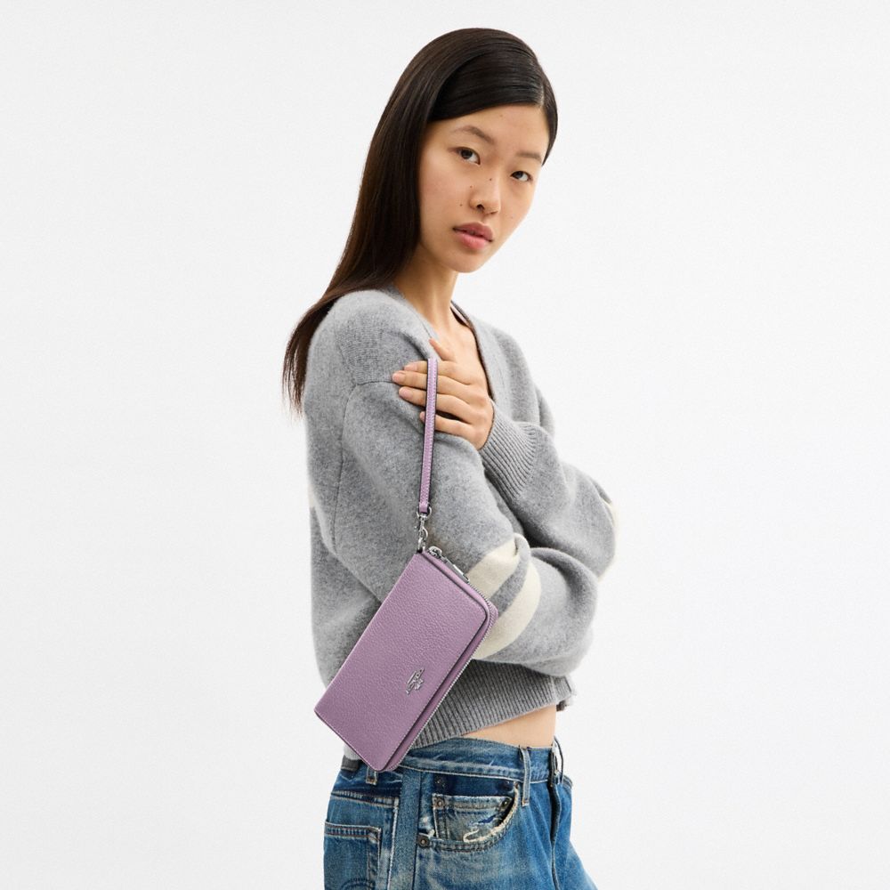 COACH®,Long Zip Around Wallet With Detachable Card Case,Leather,Card Case,Wristlet,Continental,Metal,Logo,Casual,Lavender,Detail View