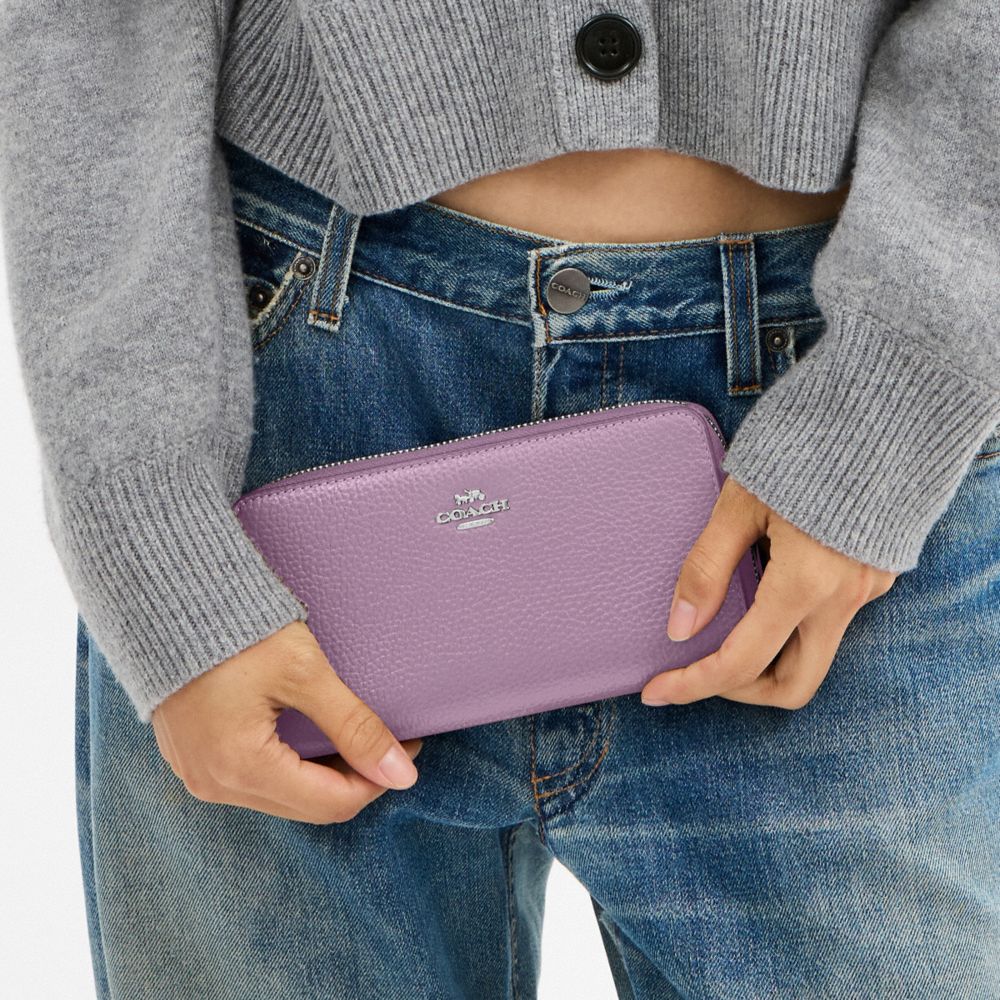 COACH®,Long Zip Around Wallet With Detachable Card Case,Leather,Card Case,Wristlet,Continental,Metal,Logo,Casual,Lavender,Detail View