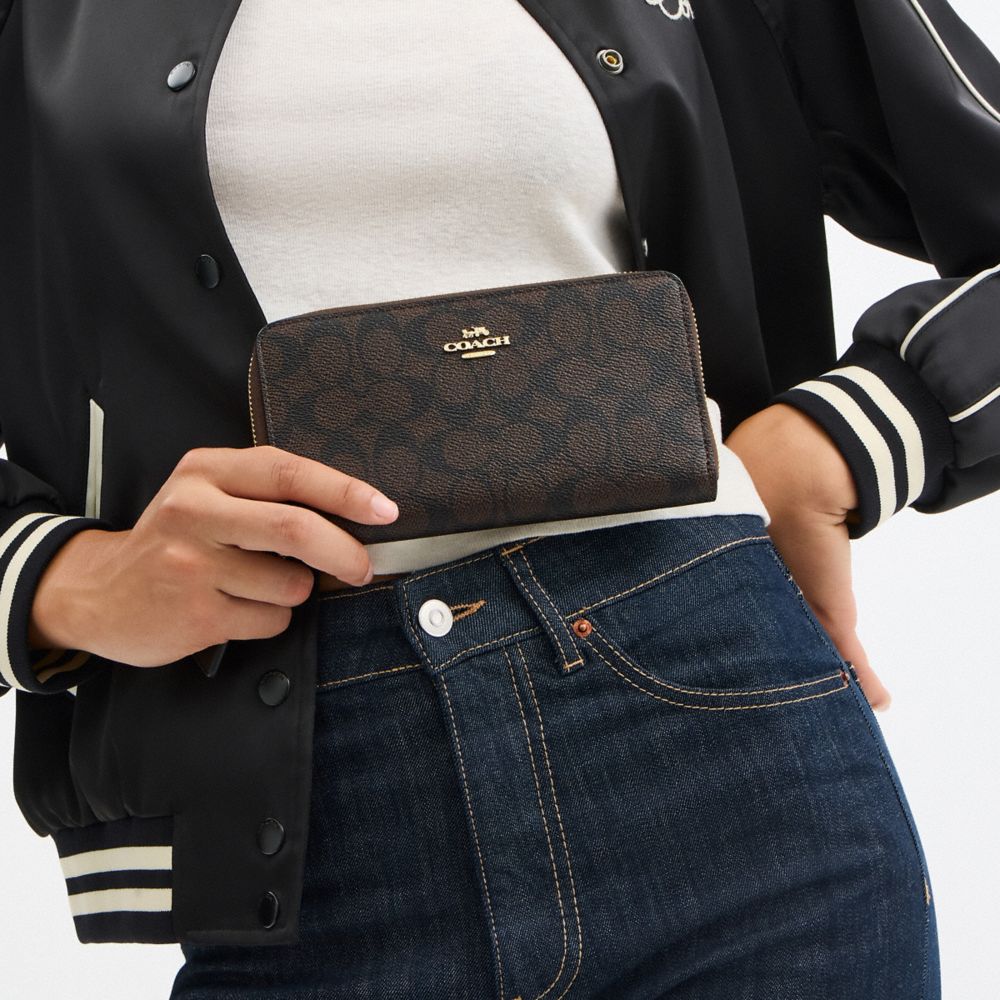 COACH®,Long Zip Around Wallet With Detachable Card Case In Signature Canvas,Canvas,Wristlet,Card Case,Continental,Metal,Ca...,Brown,Detail View