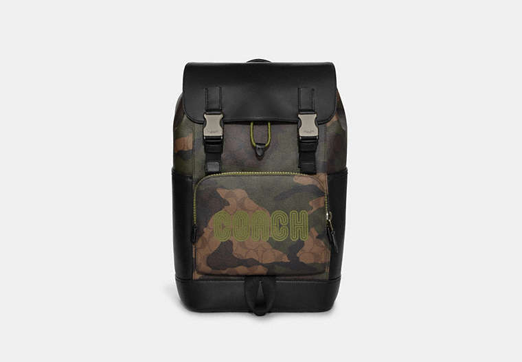 COACH®,TRACK BACKPACK IN SIGNATURE CANVAS WITH CAMO PRINT AND COACH PATCH,Signature Coated Canvas,Large,Black Antique Nickel/Khaki/Olive Green Multi,Front View