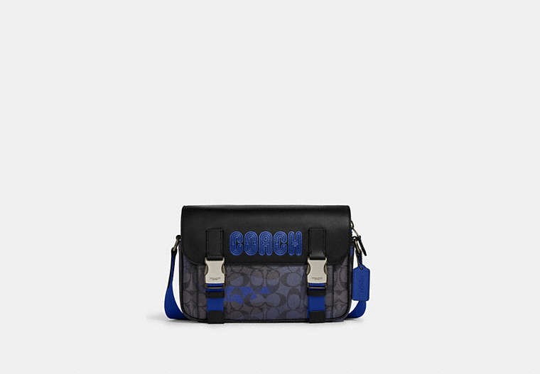 COACH®,TRACK CROSSBODY IN SIGNATURE CANVAS WITH CAMO PRINT AND COACH PATCH,Signature Coated Canvas,Large,Gunmetal/Charcoal/Sport Blue Multi,Front View