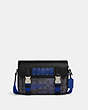 COACH®,TRACK CROSSBODY IN SIGNATURE CANVAS WITH CAMO PRINT AND COACH PATCH,Signature Coated Canvas,Large,Gunmetal/Charcoal/Sport Blue Multi,Front View