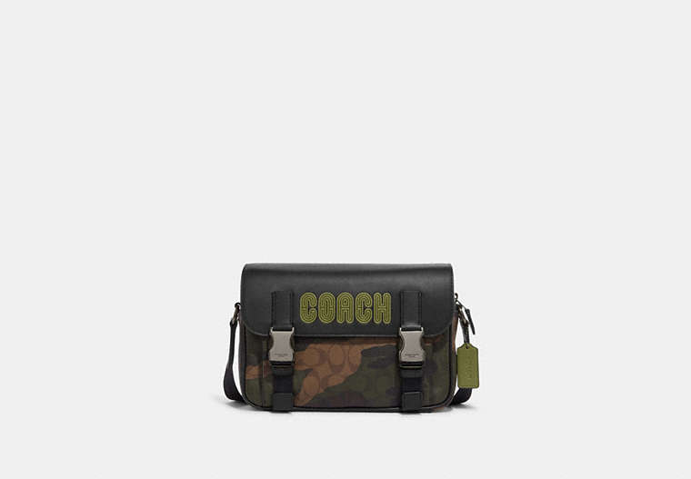 COACH®,TRACK CROSSBODY IN SIGNATURE CANVAS WITH CAMO PRINT AND COACH PATCH,Signature Coated Canvas,Large,Black Antique Nickel/Khaki/Olive Green Multi,Front View