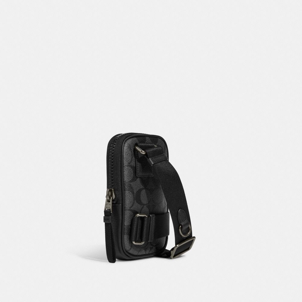 COACH®,MULTIFUNCTION PHONE PACK IN SIGNATURE CANVAS,Gunmetal/Charcoal/Black,Angle View