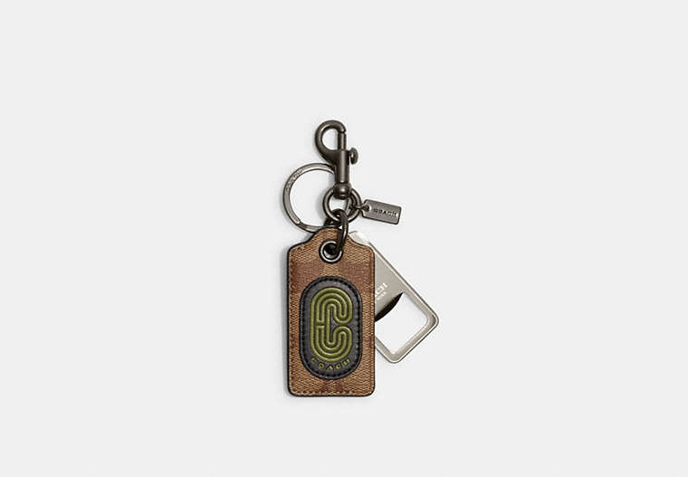 COACH®,BOTTLE OPENER KEY FOB IN SIGNATURE CANVAS WITH COACH PATCH,Black Antique Nickel/Khaki/Olive Green,Front View