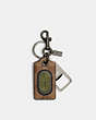COACH®,BOTTLE OPENER KEY FOB IN SIGNATURE CANVAS WITH COACH PATCH,Black Antique Nickel/Khaki/Olive Green,Front View