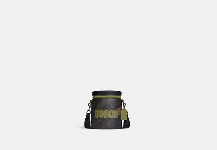 COACH®,BARREL CROSSBODY IN SIGNATURE CANVAS WITH CAMO PRINT AND COACH PATCH,Signature Coated Canvas,Medium,Black Antique Nickel/Khaki/Olive Green Multi,Front View