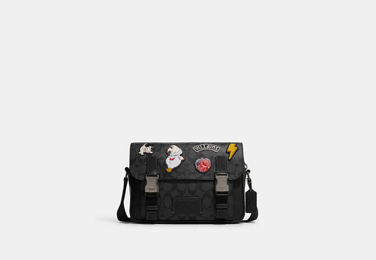 COACH®,DISNEY X COACH TRACK CROSSBODY IN SIGNATURE CANVAS WITH PATCHES,Medium,Gunmetal/Charcoal/Black Multi,Front View