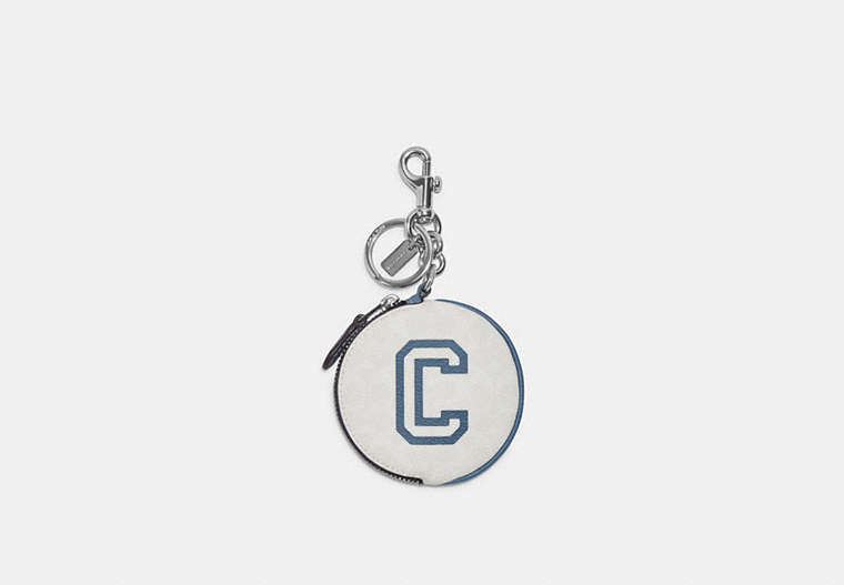COACH®,CIRCULAR COIN POUCH IN SIGNATURE CANVAS WITH VARSITY MOTIF,Signature Coated Canvas,Silver/Chalk/Indigo,Front View