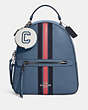 COACH®,CIRCULAR COIN POUCH IN SIGNATURE CANVAS WITH VARSITY MOTIF,Signature Coated Canvas,Silver/Chalk/Indigo,Angle View