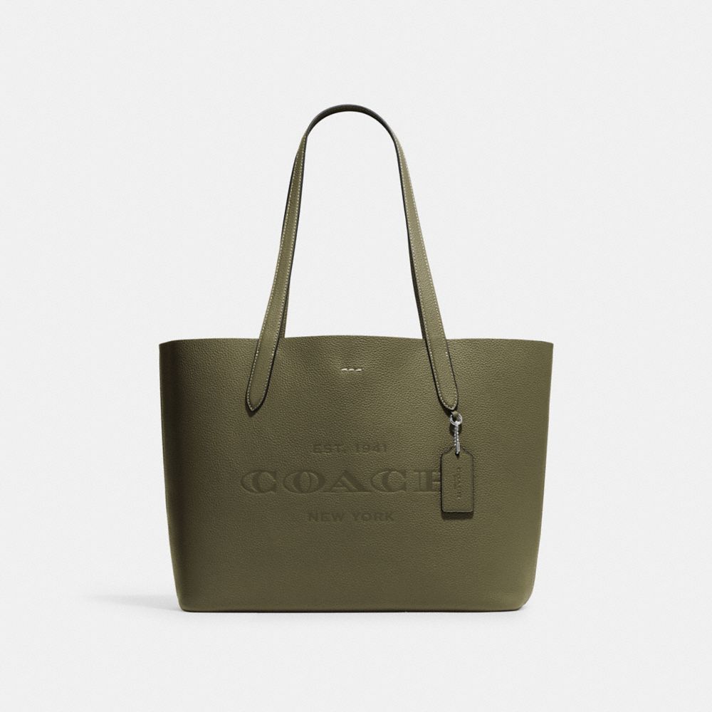 COACH®,CAMERON TOTE BAG,Pebbled Leather,Large,Everyday,Silver/Olive Drab,Front View