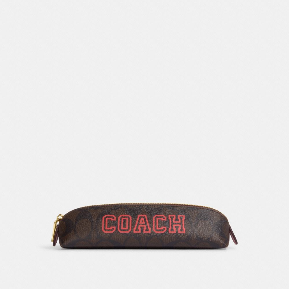 COACH®,PENCIL CASE IN SIGNATURE CANVAS WITH VARSITY MOTIF,Mini,Im/Brown Watermelon,Front View