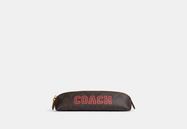 COACH®,PENCIL CASE IN SIGNATURE CANVAS WITH VARSITY MOTIF,Mini,Im/Brown Watermelon,Front View